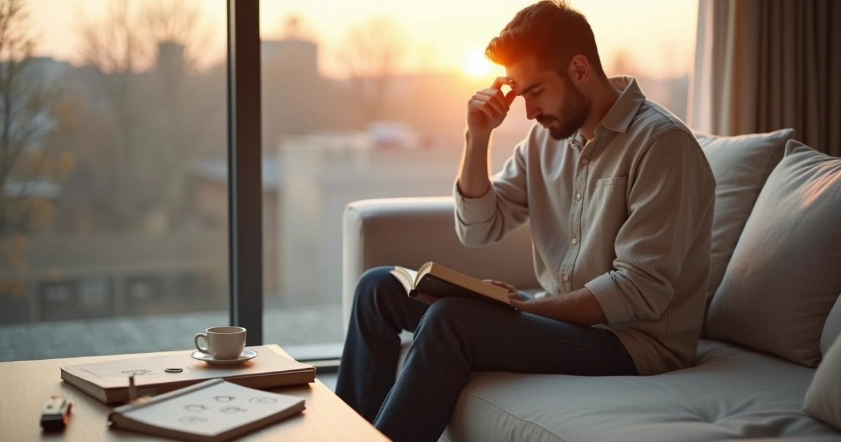 Persona sentada junto a la ventana reflexionando sobre su estado interno diario 