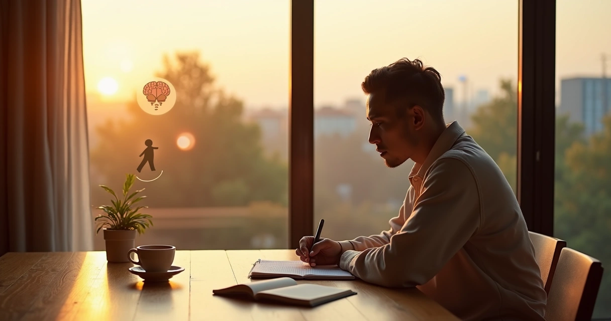 Persona reflexionando frente a una ventana con luz cálida 