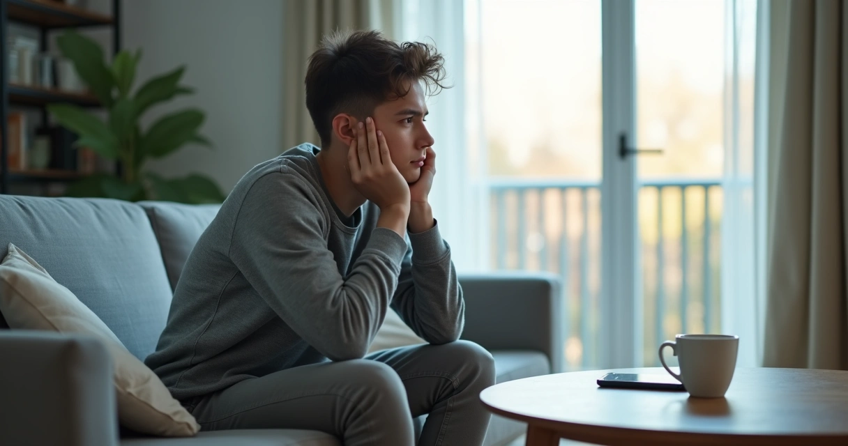 Adulto pensativo mirando por la ventana con gesto de duda y conflicto interior 