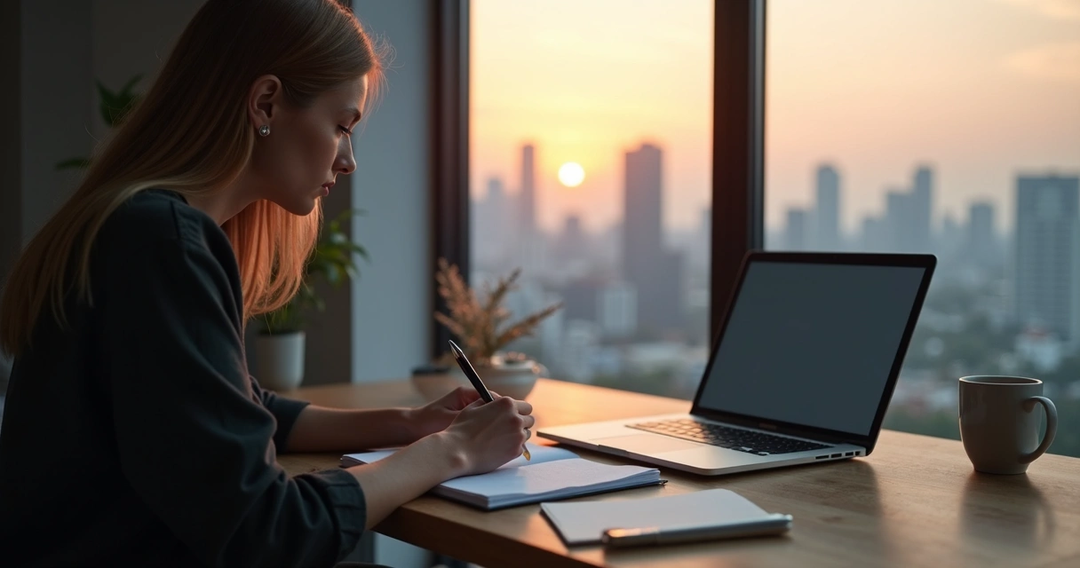 Persona escribiendo en un cuaderno de reflexión junto a una ventana al amanecer 