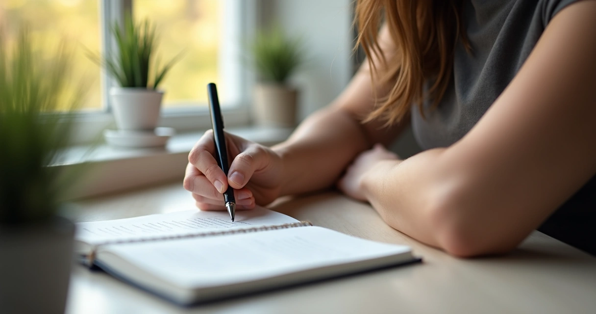 Persona escribiendo límites personales en un cuaderno 
