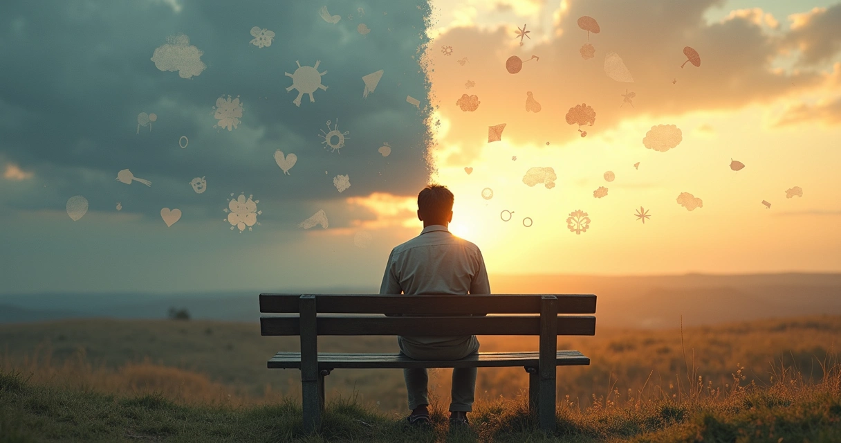 Persona adulta reflexionando frente a un paisaje dividido entre confusión y claridad 