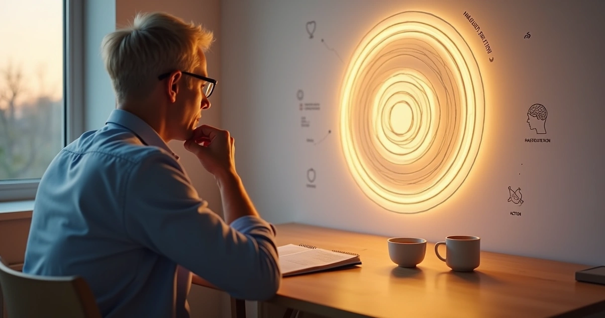 Persona sentada reflexionando frente a un diagrama iluminado en forma de espiral 