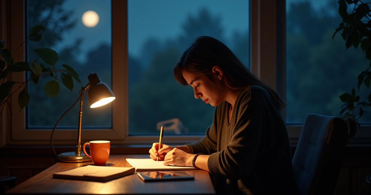 Persona escribiendo reflexiones en un diario por la noche 