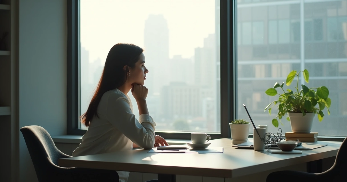 Persona reflexionando frente a una ventana de oficina