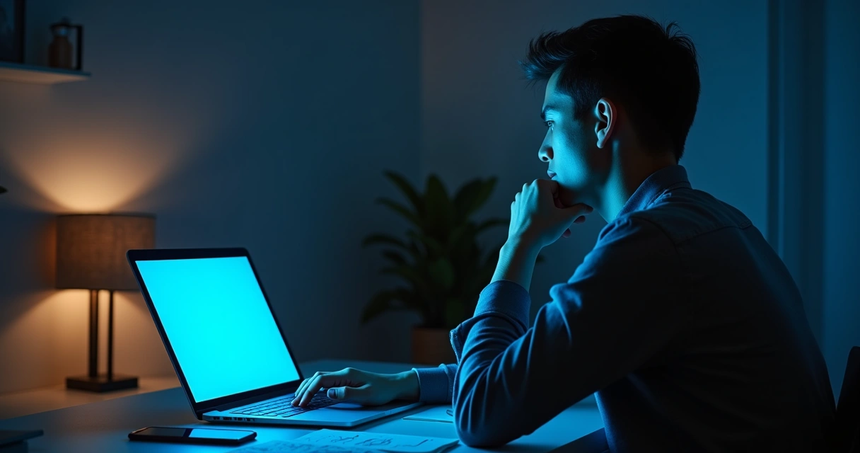 Persona frente a una pantalla con notas y luz tenue