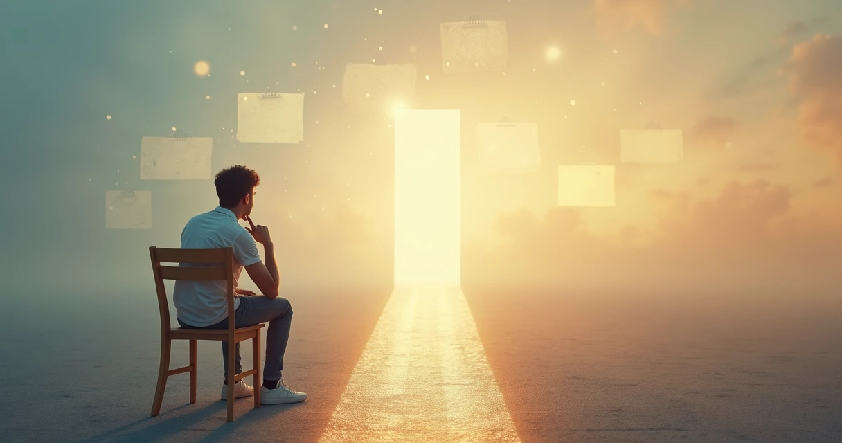 Persona reflexionando frente a caminos que conectan pasado y futuro 