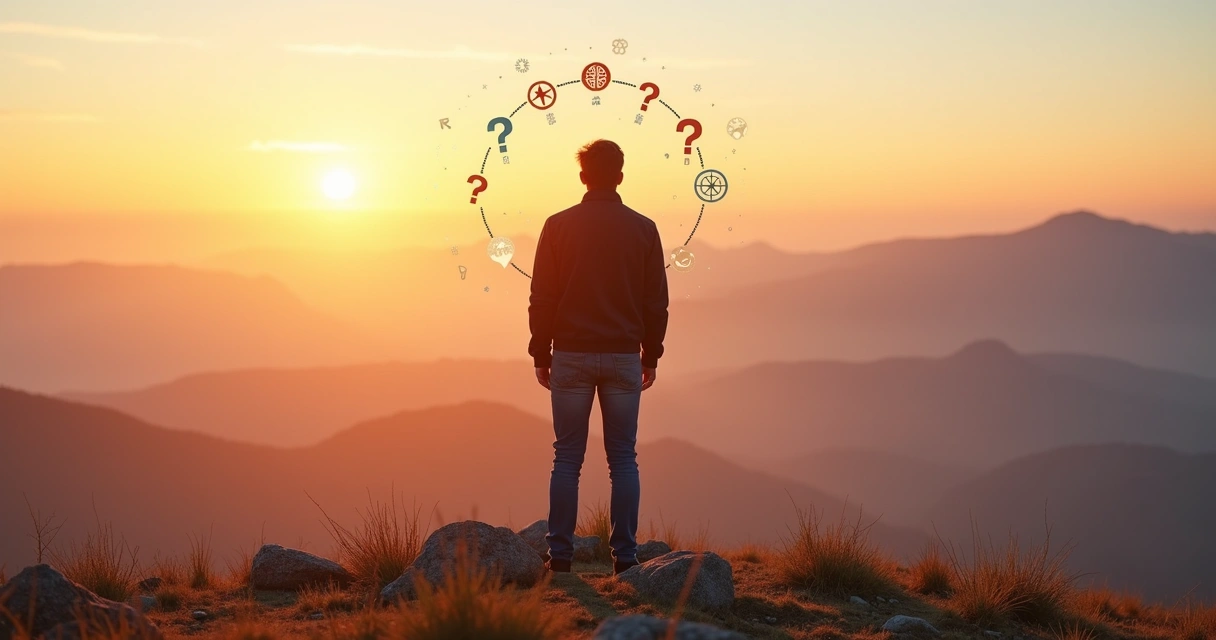 Persona contemplando el horizonte con símbolos abstractos de mente y conciencia 