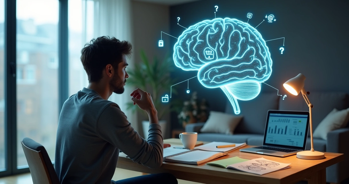 Persona reflexionando frente a un laberinto mental con decisiones cotidianas 