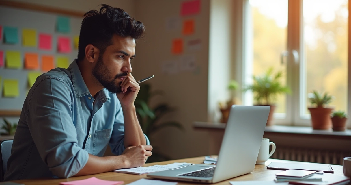 Persona reflexionando frente a una pantalla con tareas pendientes y notas alrededor