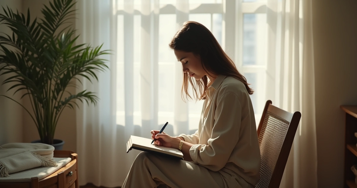 Persona sentada junto a una ventana escribiendo en silencio 
