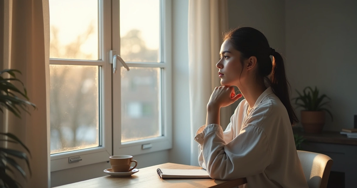Persona sentada junto a una ventana en un momento de reflexión 