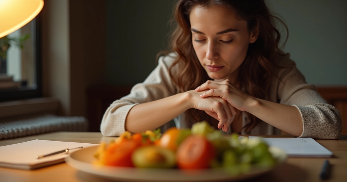 Persona sentada a la mesa reflexionando antes de comer 