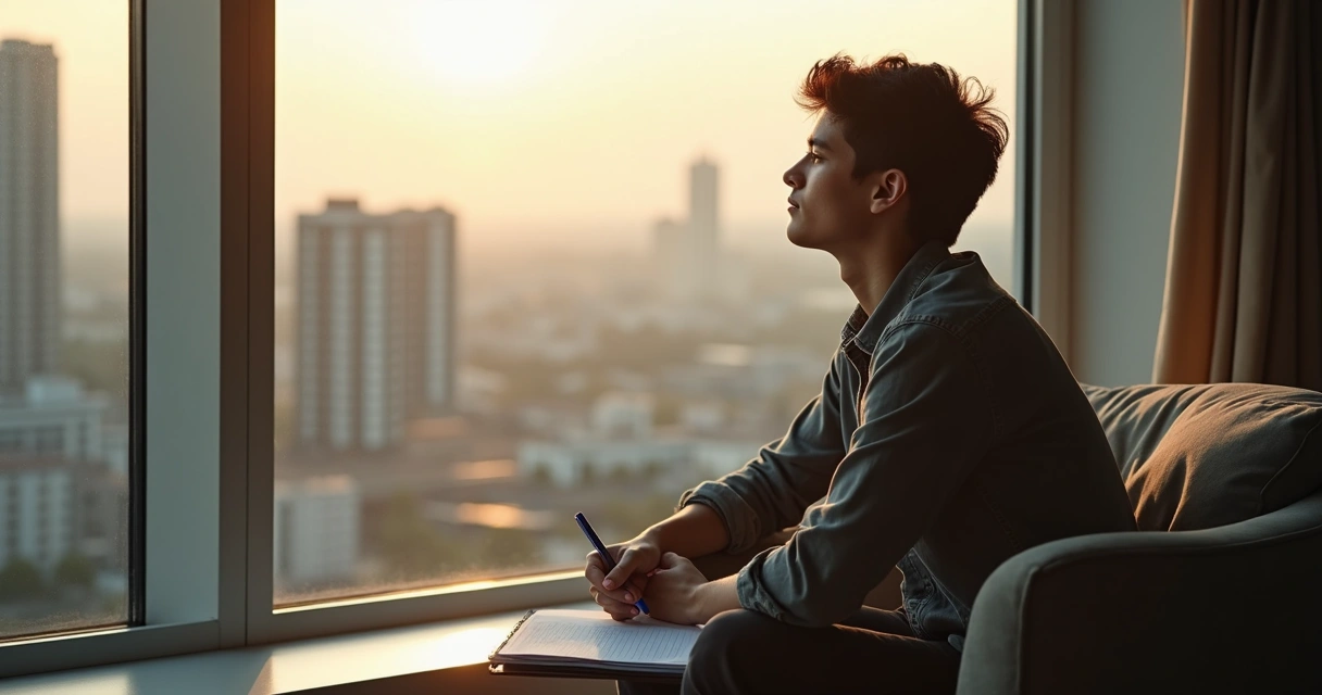 Persona sentada mirando por la ventana, pensando en cambios futuros 