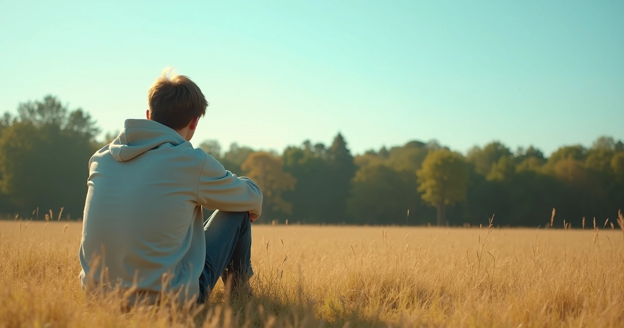Persona sentada en un campo reflexionando 