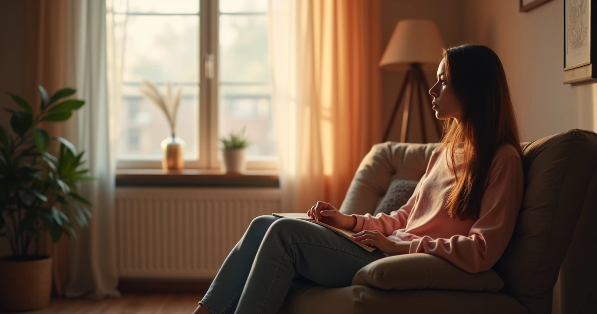 Persona sentada en posición de reflexión, rodeada de tonos suaves y cálidos. 