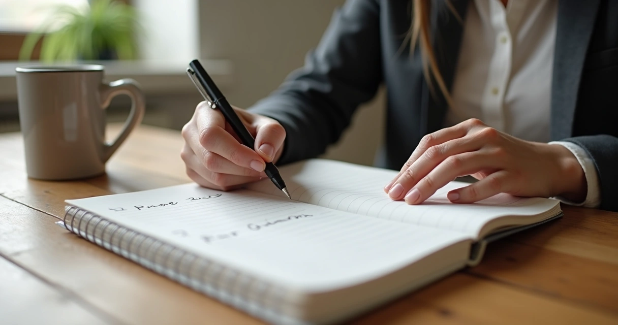 Persona escribiendo opciones en un cuaderno junto a una taza 