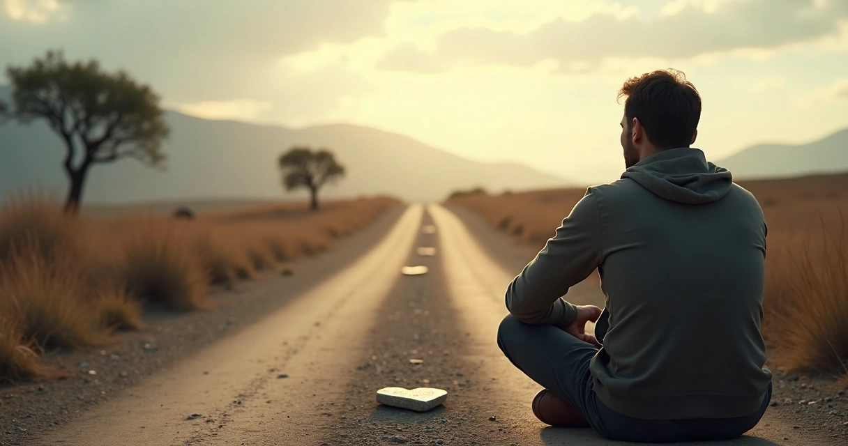 Persona sentada pensando con dos caminos al frente 