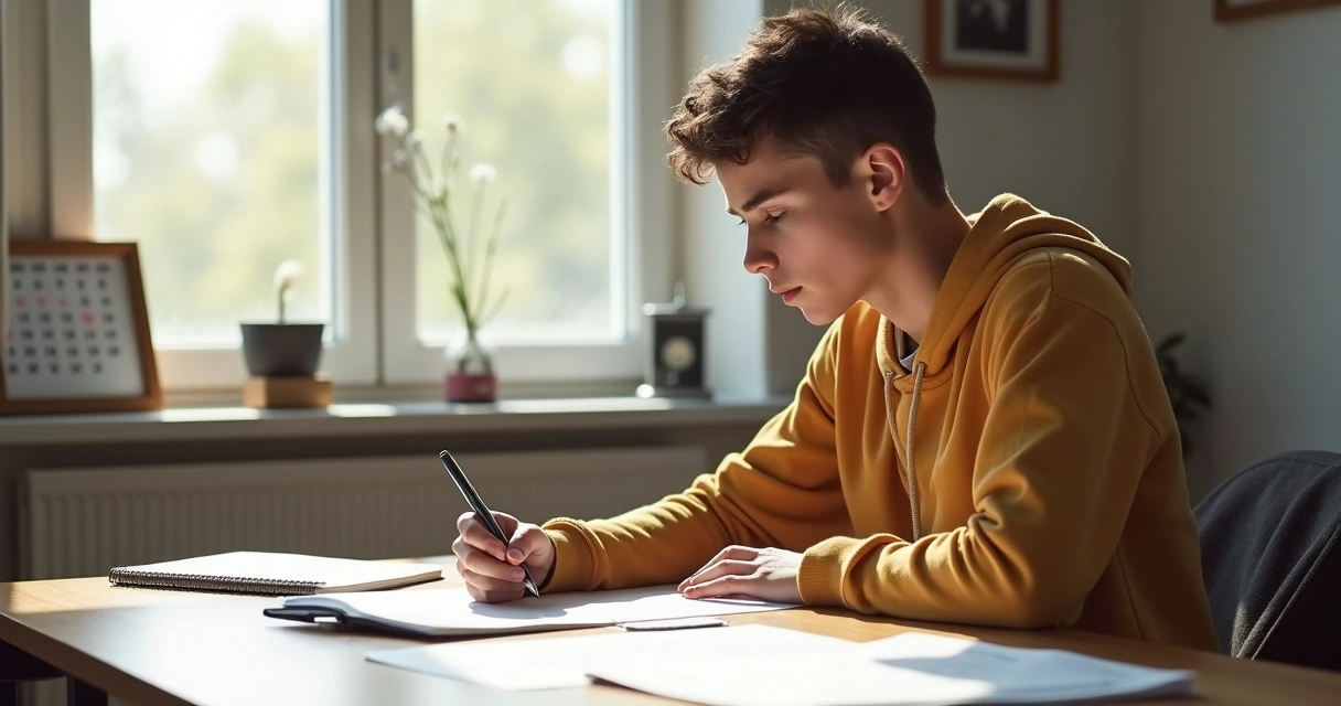 Persona sentada en una mesa con expresión reflexiva y una lista de opciones 