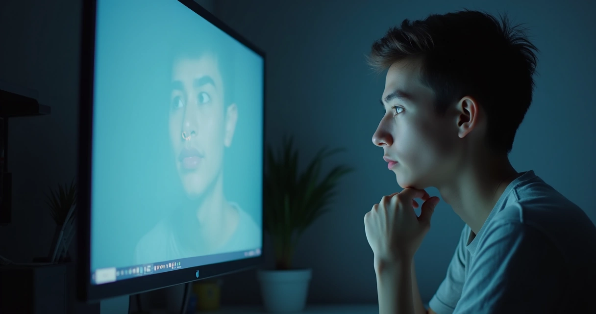 Persona mirando una pantalla con reflejo de sí mismo, expresando introspección digital. 