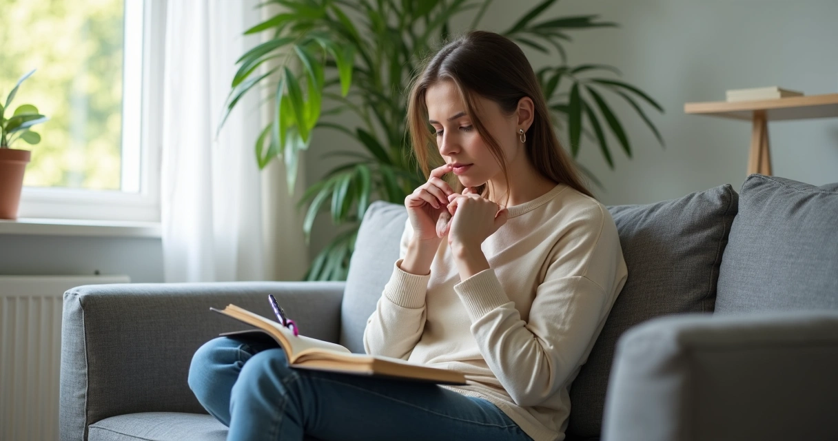 Persona joven sentado reflexionando en el sofá