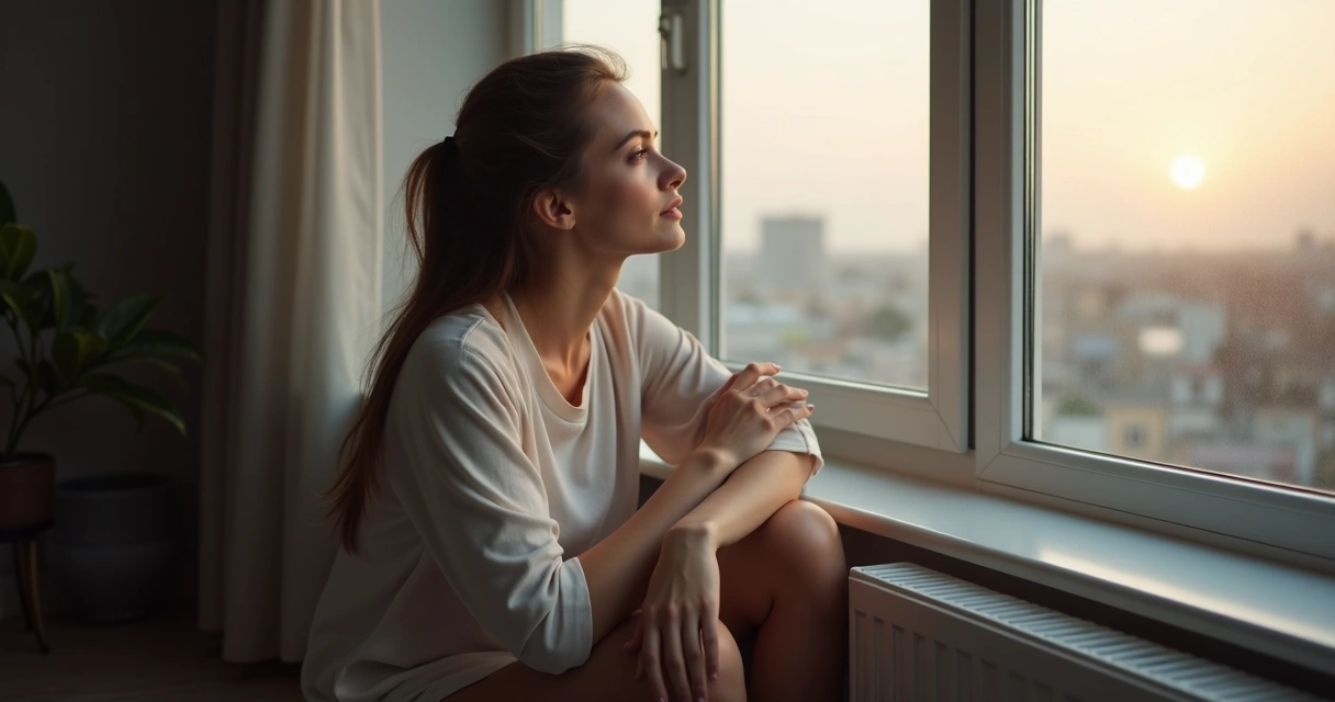 Mujer sentada junto a una ventana, mirando hacia afuera con expresión reflexiva, luz suave accediendo al rostro. 
