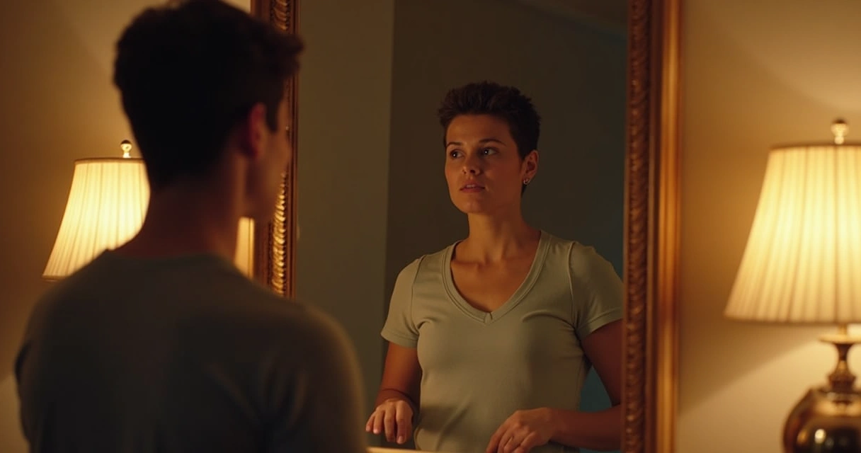 Persona frente a un espejo en reflexión