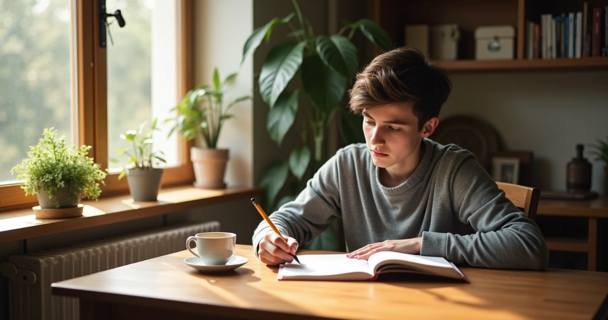 Persona reflexionando frente a un cuaderno y una taza de té en un escritorio de madera 