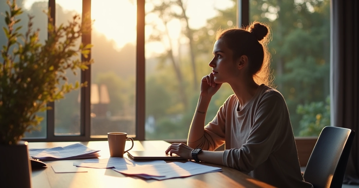 Persona reflexionando frente a ventana en escritorio