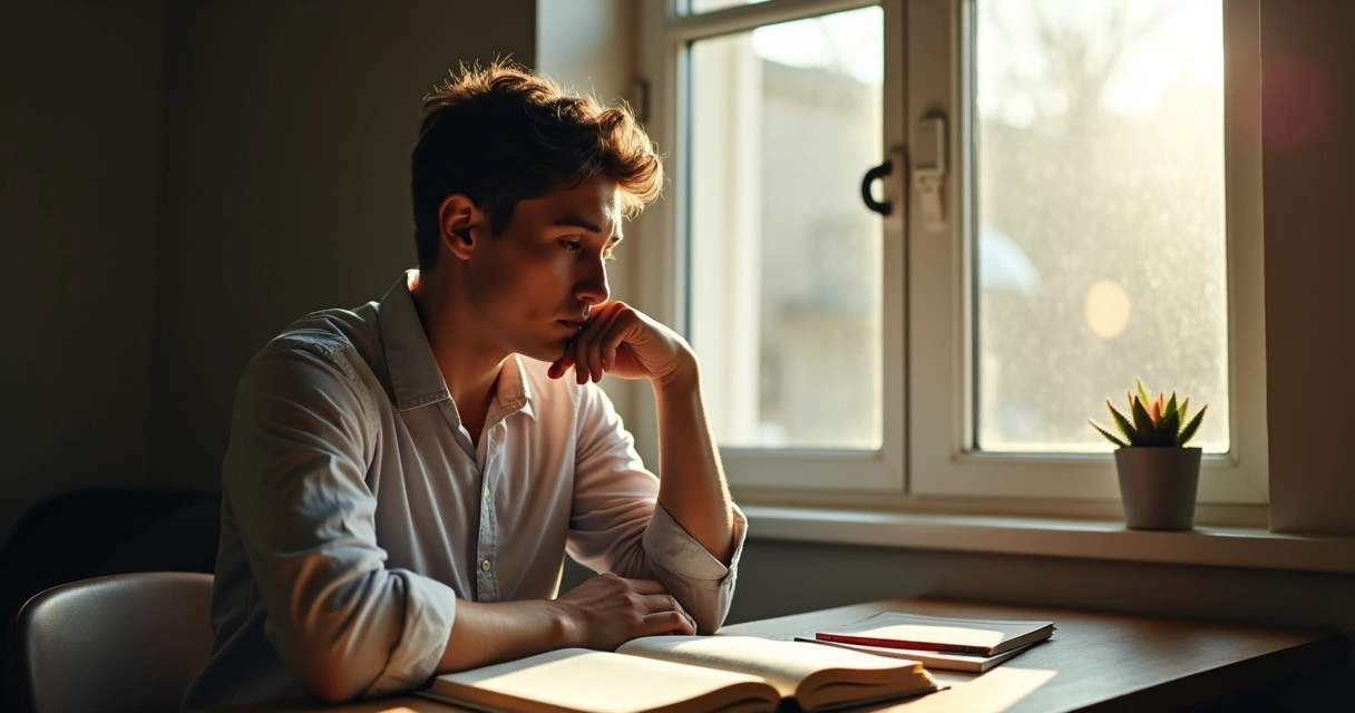 Persona reflexionando en su escritorio con expresión pensativa y luz suave