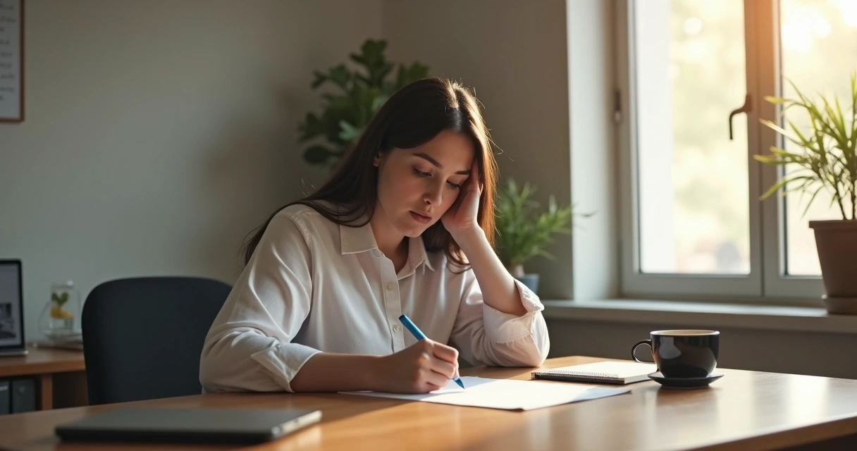 Persona sentada en un escritorio mirando una hoja de papel, reflexionando
