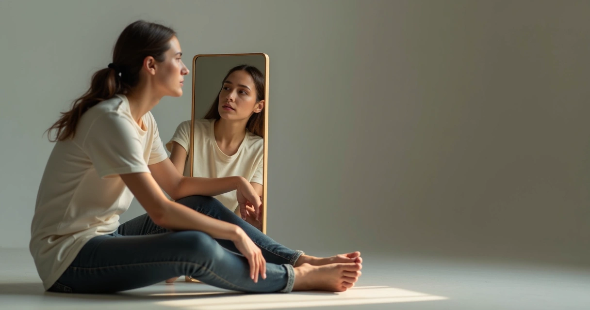 Persona sentada frente a un espejo, reflejando una expresión pensativa 