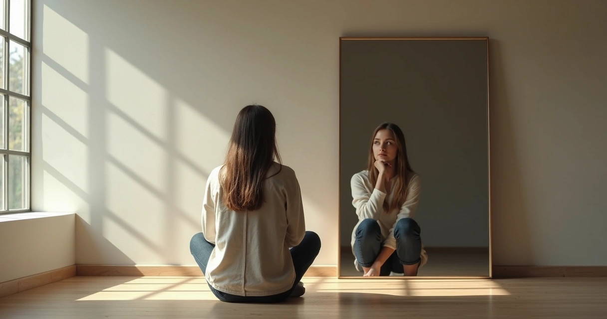 Persona sentada frente a un espejo grande, con gesto pensativo y luz suave en una habitación tranquila 