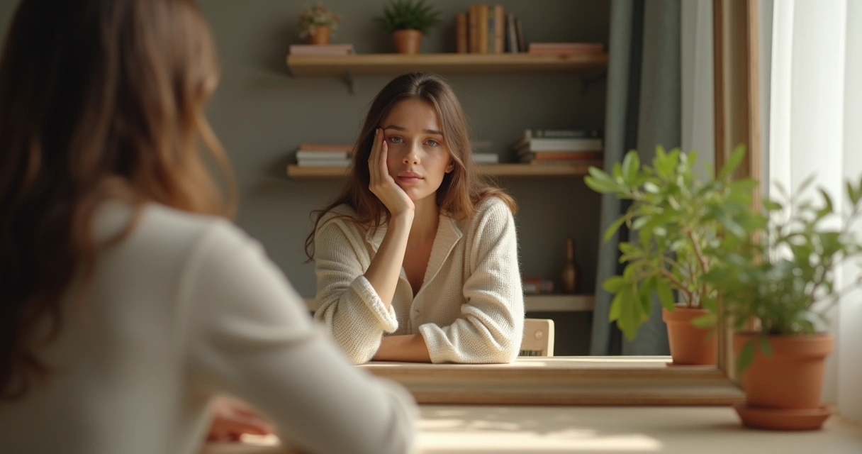 Persona reflexionando frente a un espejo con rostro sereno