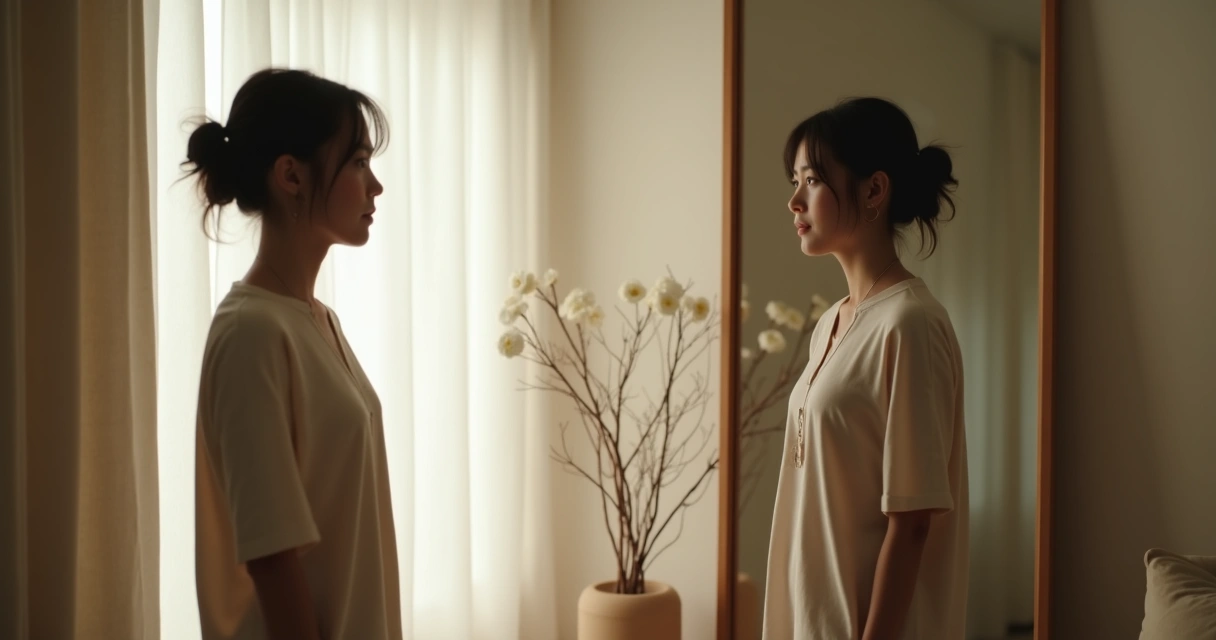 Persona mirando su reflejo en el espejo mientras reflexiona 