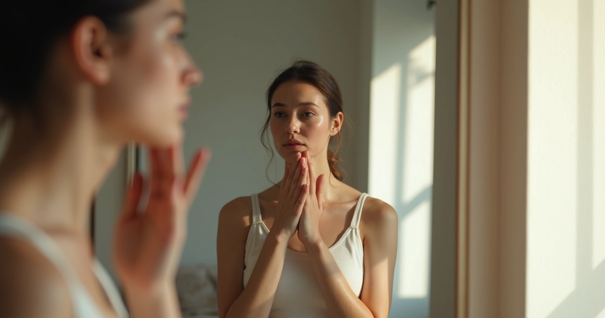 Persona de pie frente a un espejo, mirada introspectiva