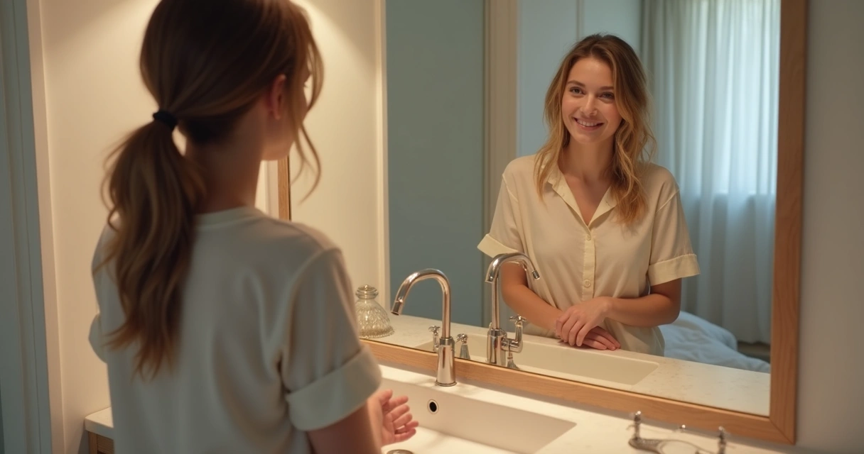 Persona mirando su reflejo en el espejo y pensando