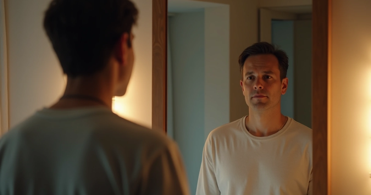 Persona frente a un espejo observándose en actitud de reflexión