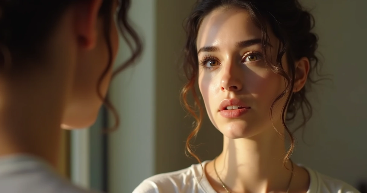 Persona observándose al espejo con mirada reflexiva 