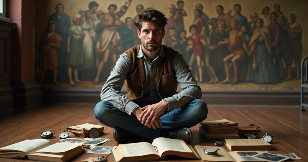 Persona sentada pensando con libros y relojes antiguos alrededor
