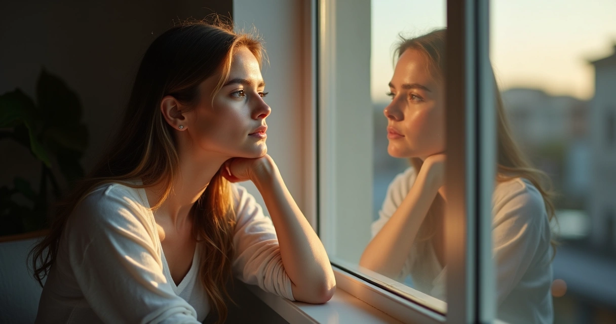 Mujer sentada junto a una ventana, mirando su reflejo en el vidrio, con una expresión pensativa y rodeada de luz suave