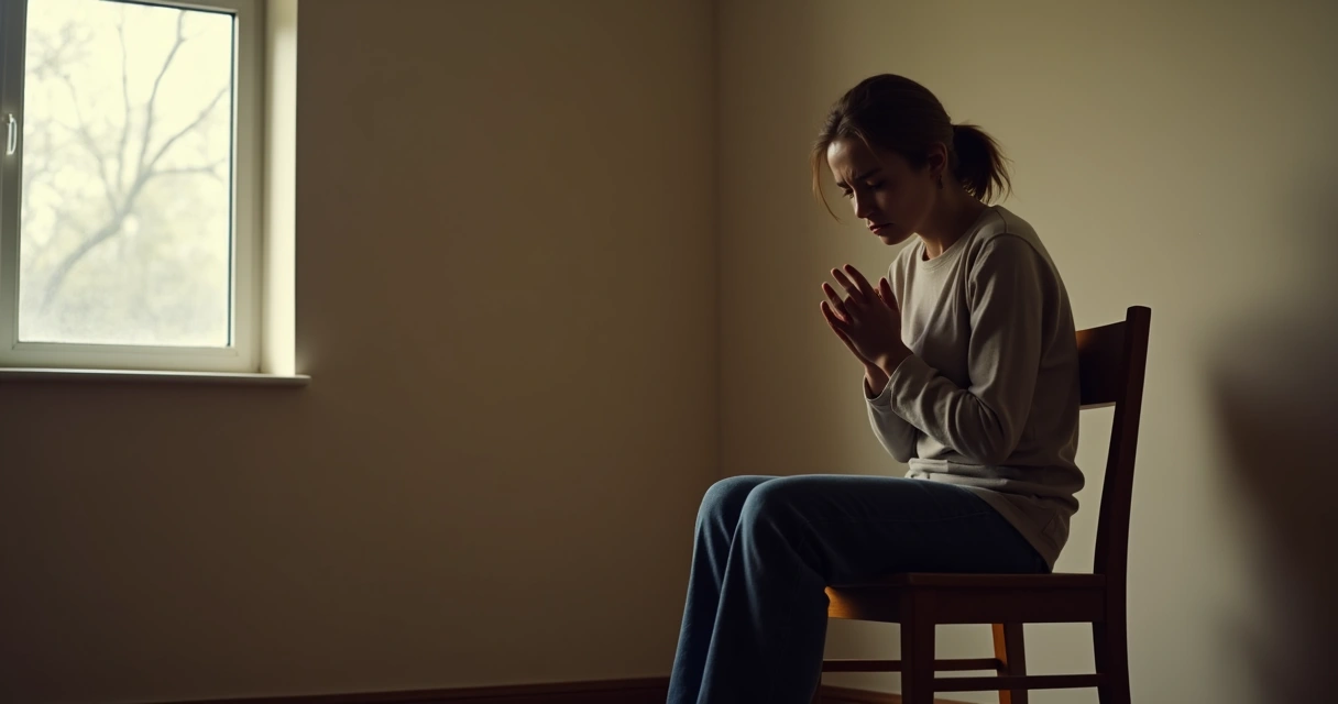 Persona reflexionando sentado en una silla junto a una ventana 