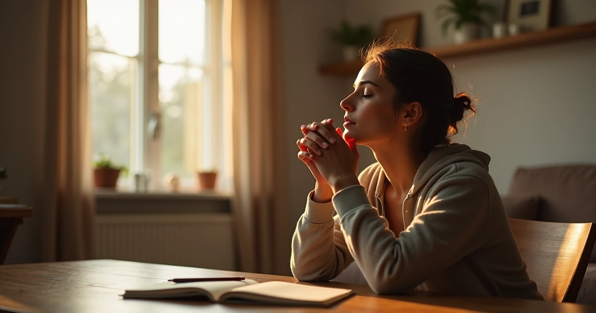 Persona reflexionando en un ambiente tranquilo con luz suave 