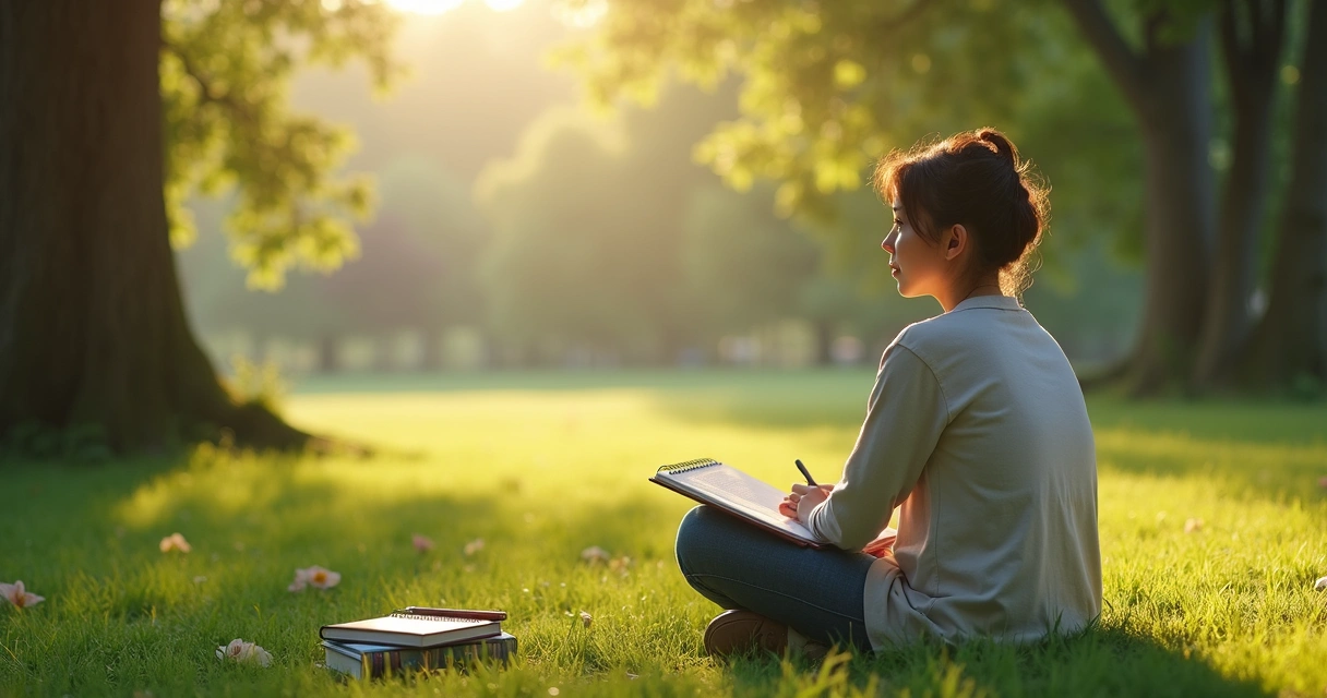 Persona sentada en la naturaleza reflexionando sobre su vida