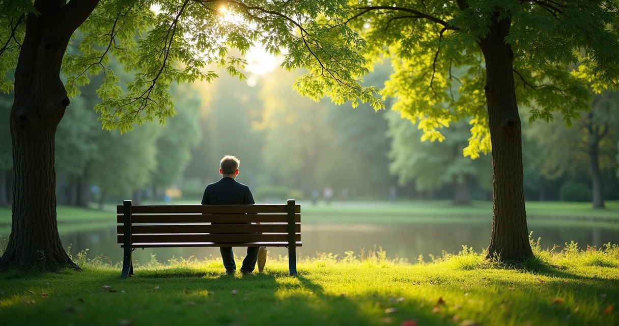 Persona sentada reflexionando en un parque tranquilo