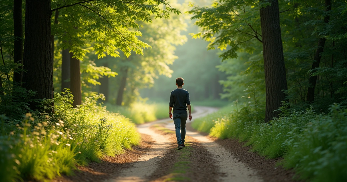 Persona caminando por sendero natural rodeado de árboles 