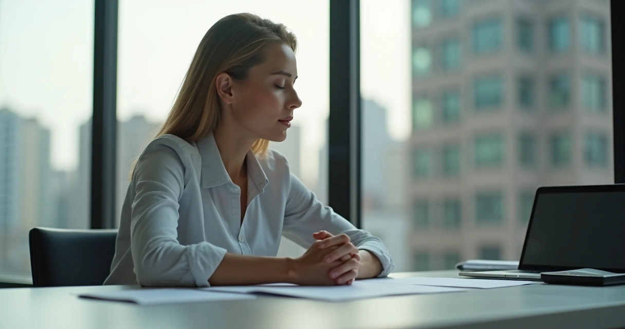 Persona reflexionando sentada en una oficina moderna