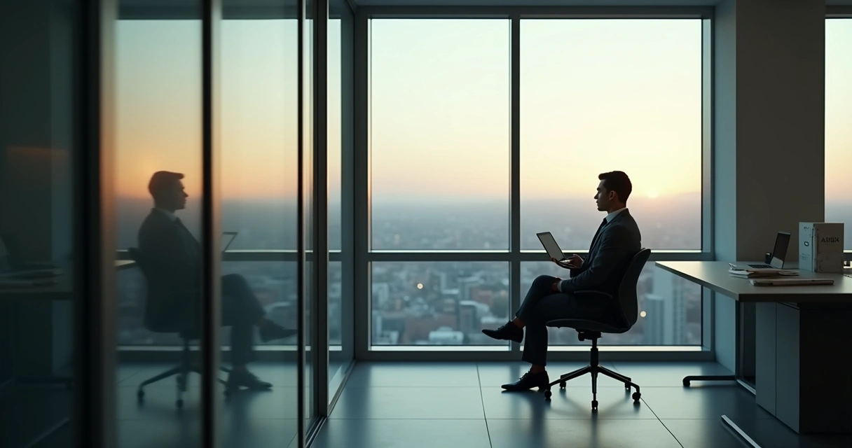 Persona sentada junto a la ventana de una oficina reflexionando 