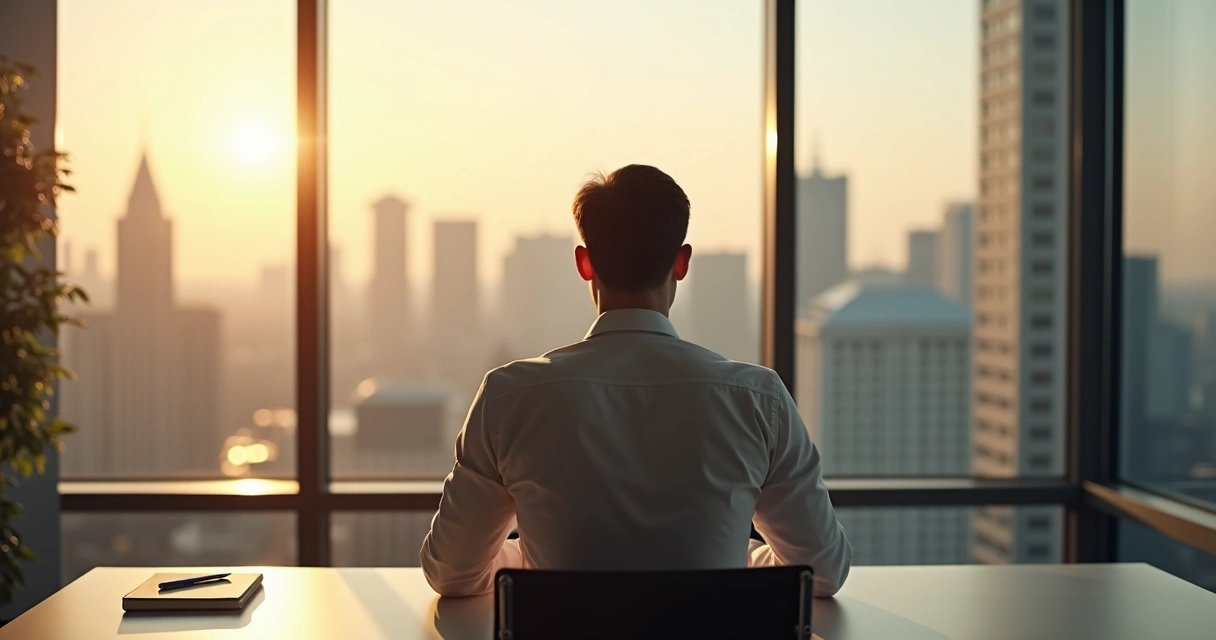 Persona sentada frente a una ventana de oficina, mirando pensativamente hacia afuera 