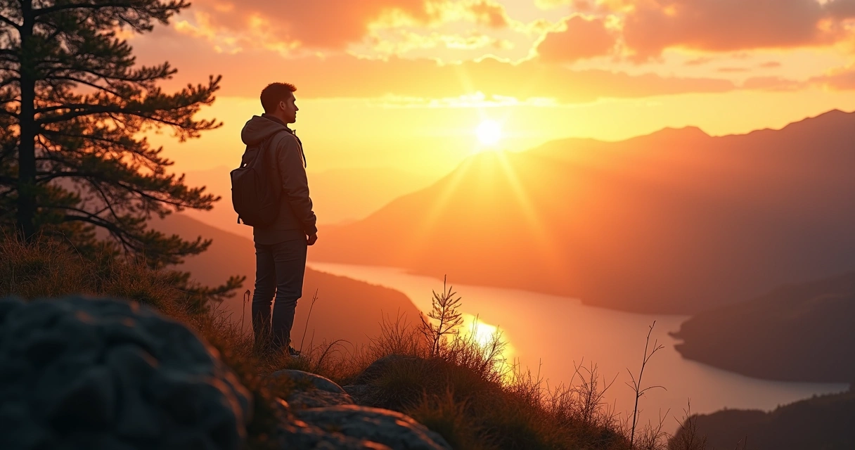 Persona de pie contemplando un paisaje natural, mostrando introspección.